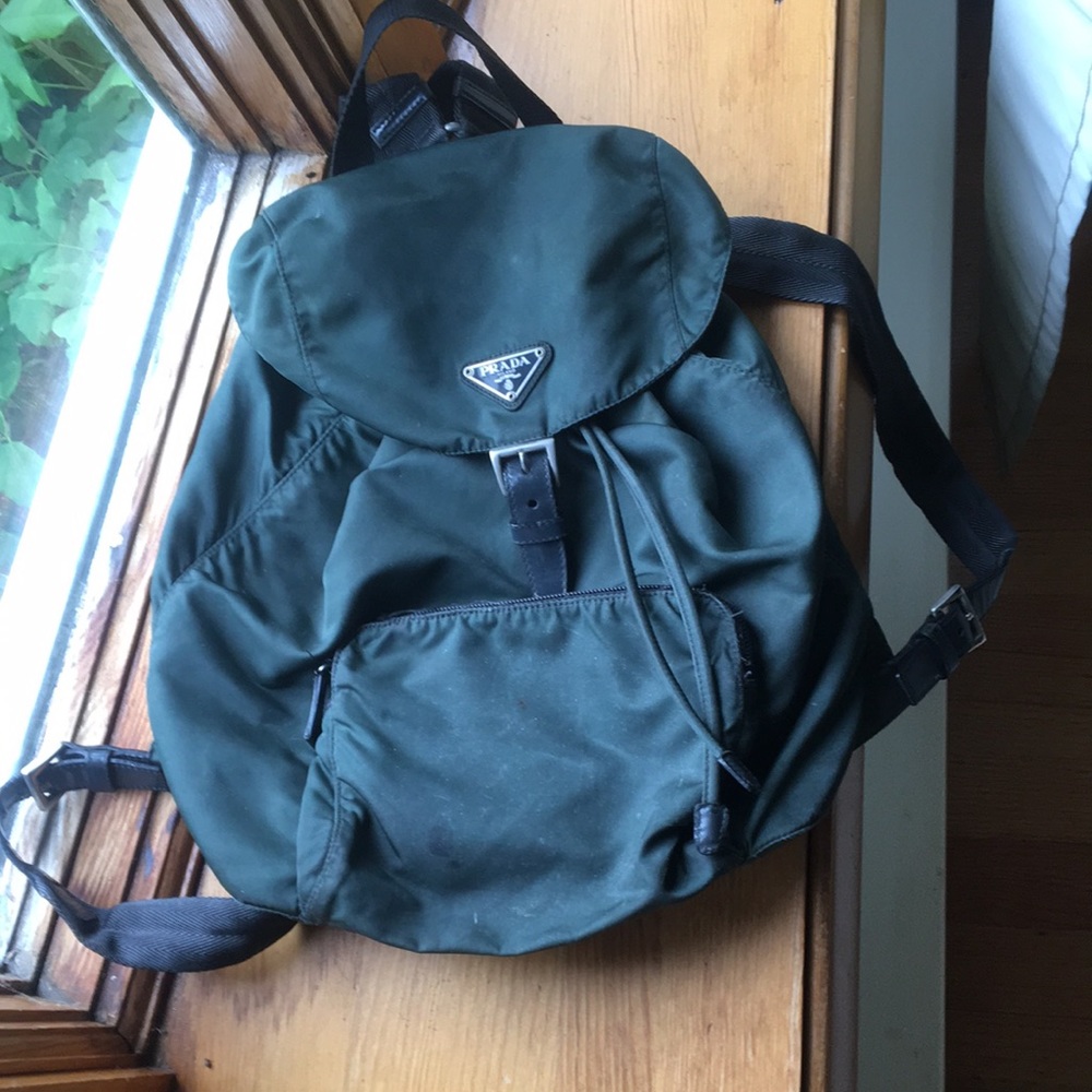 Prada green nylon and leather backpack bag purse. Real!!